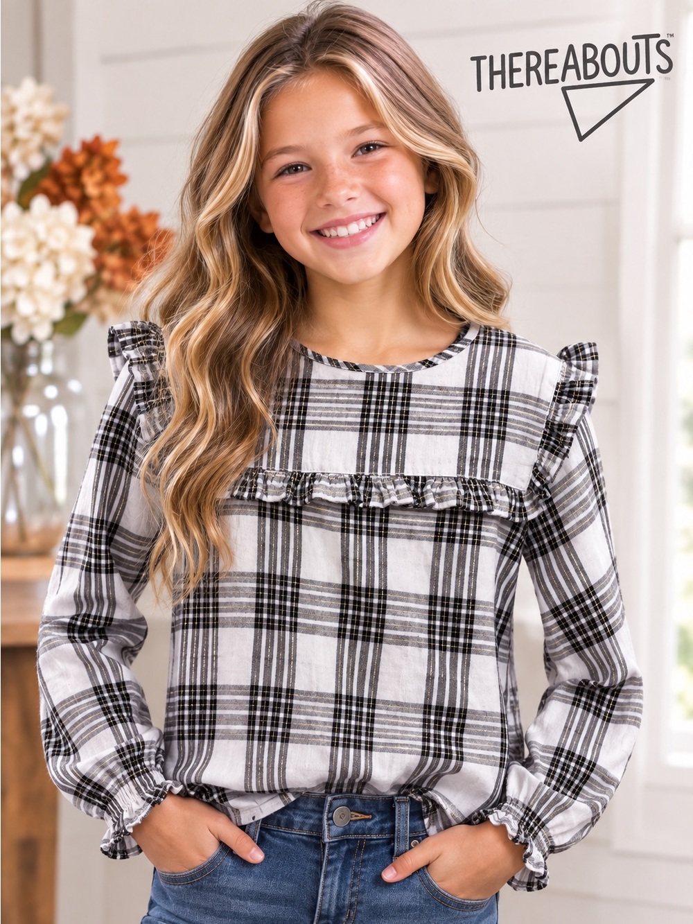 Thereabouts Girls Plaid Ruffle Blouse White Black Gold Metallic Long Sleeve NWT